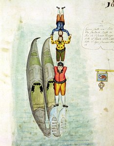 Three men balancing on two gondolas, 1772 by Italian School